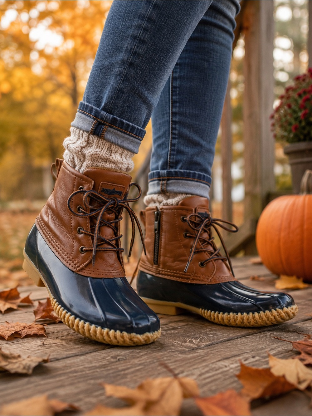 Aquatherm Rayna Duck Boots Brown & Navy Waterproof Ankle Boots Size 6